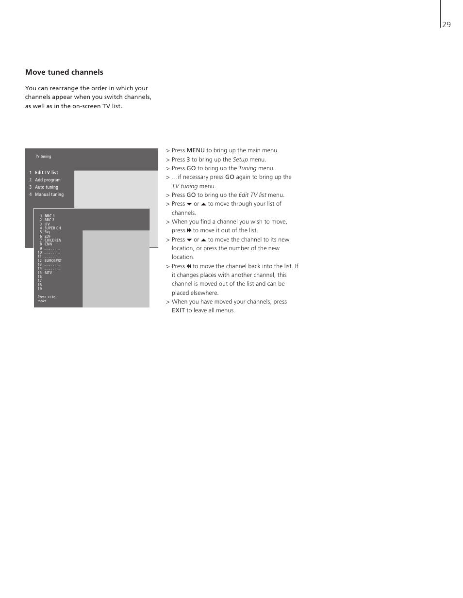 Move tuned channels, 29 move tuned channels | Bang & Olufsen BeoVision 3-32 - User Guide User Manual | Page 29 / 56