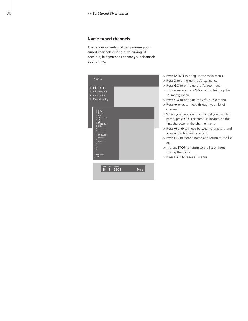 Name tuned channels | Bang & Olufsen BeoVision 3-32 - User Guide User Manual | Page 30 / 56