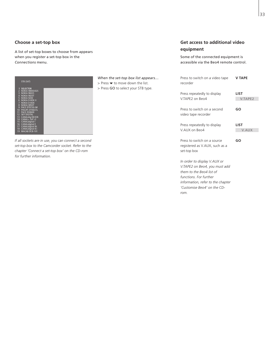 Choose a set-top box, Get access to additional video equipment, 33 choose a set-top box | Bang & Olufsen BeoVision 3-32 - User Guide User Manual | Page 33 / 56