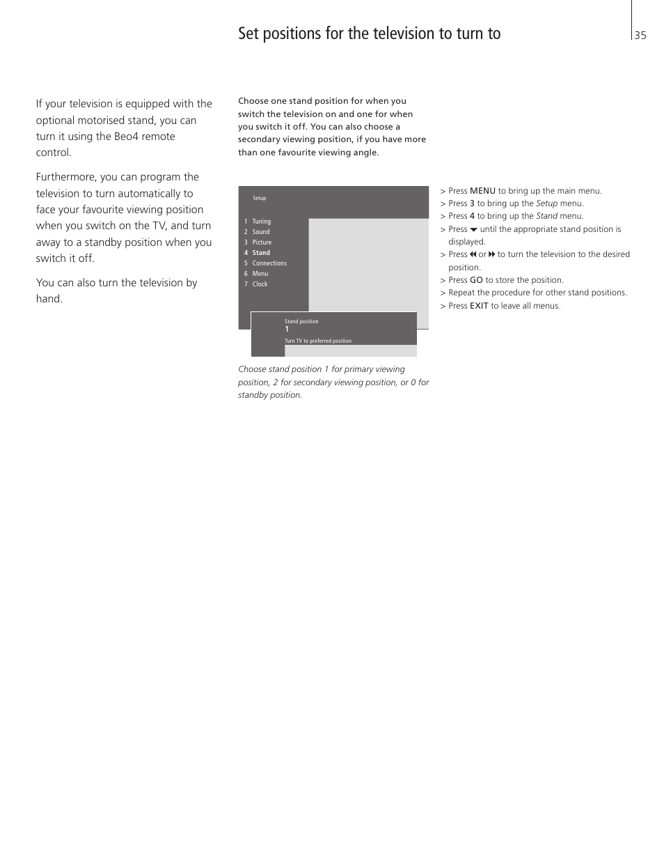 Set positions for the television to turn to | Bang & Olufsen BeoVision 3-32 - User Guide User Manual | Page 35 / 56