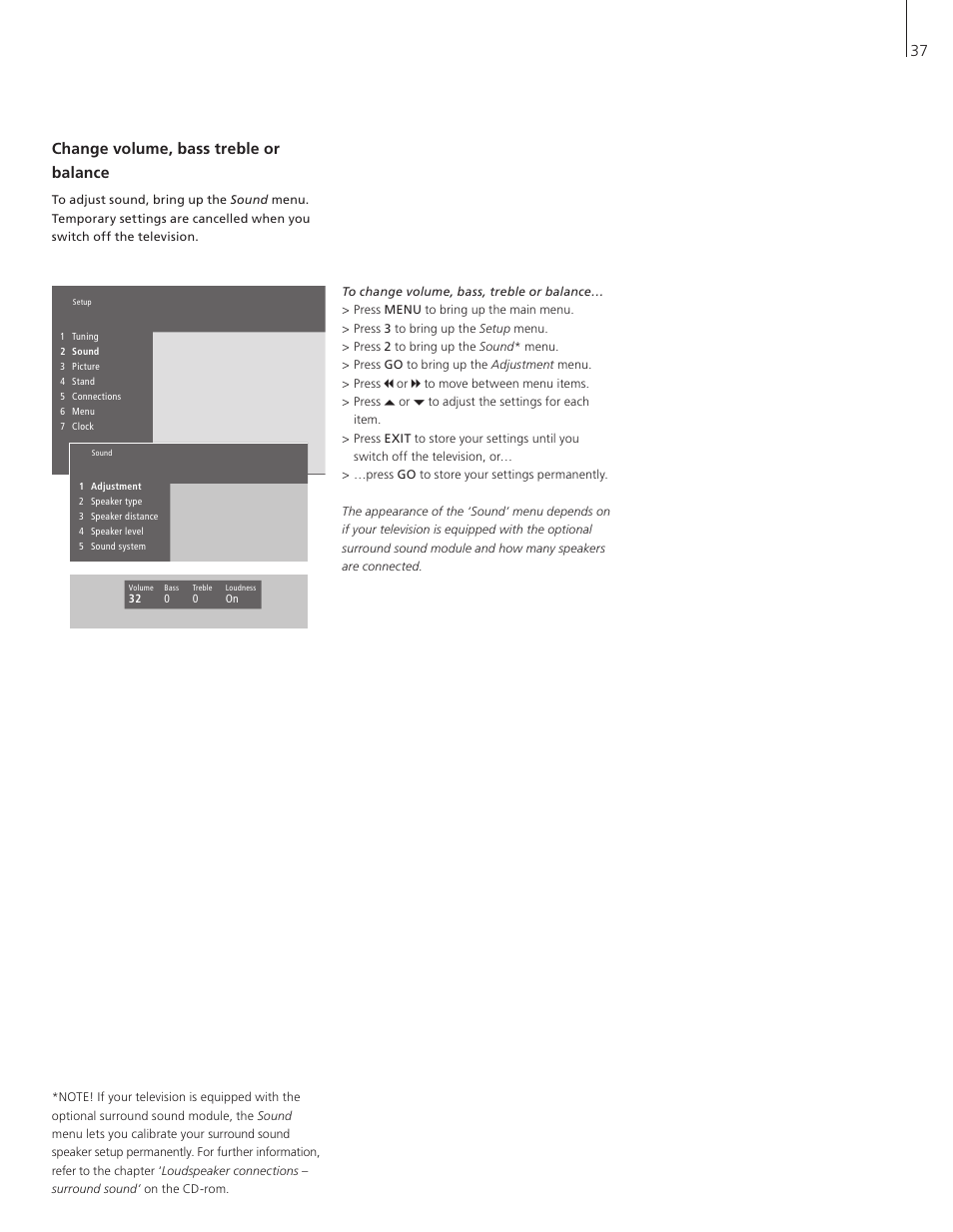 Change volume, bass treble or balance, 37 change volume, bass treble or balance | Bang & Olufsen BeoVision 3-32 - User Guide User Manual | Page 37 / 56