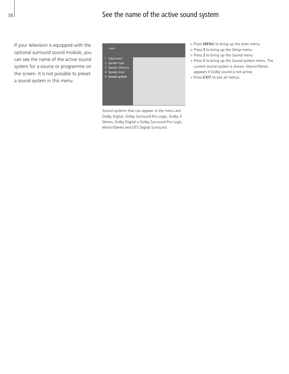 See the name of the active sound system | Bang & Olufsen BeoVision 3-32 - User Guide User Manual | Page 38 / 56