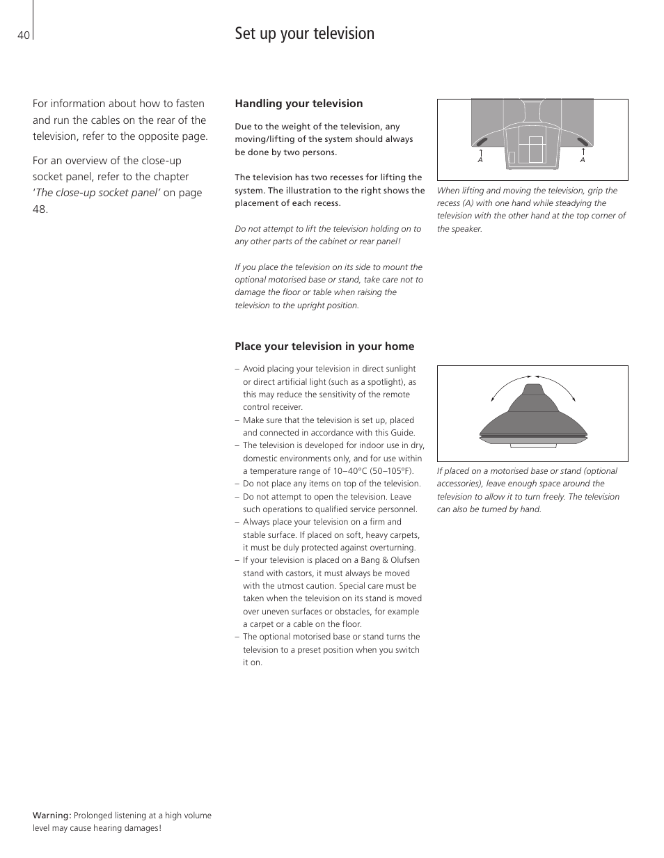 Set up your television, Handling your television, Place your television in your home | Bang & Olufsen BeoVision 3-32 - User Guide User Manual | Page 40 / 56