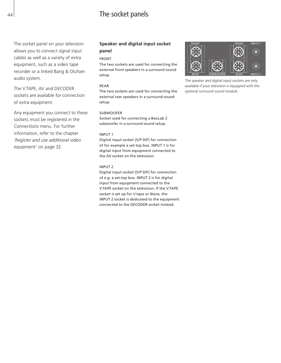 The socket panels, Speaker and digital input socket panel | Bang & Olufsen BeoVision 3-32 - User Guide User Manual | Page 44 / 56