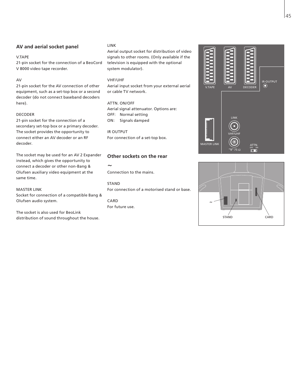 Av and aerial socket panel, Other sockets on the rear, 45 av and aerial socket panel | Bang & Olufsen BeoVision 3-32 - User Guide User Manual | Page 45 / 56