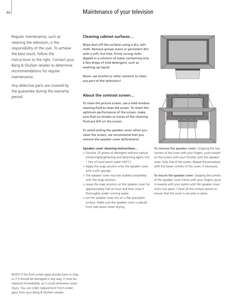 Maintenance of your television, Cleaning cabinet surfaces, About the contrast screen | Bang & Olufsen BeoVision 3-32 - User Guide User Manual | Page 46 / 56