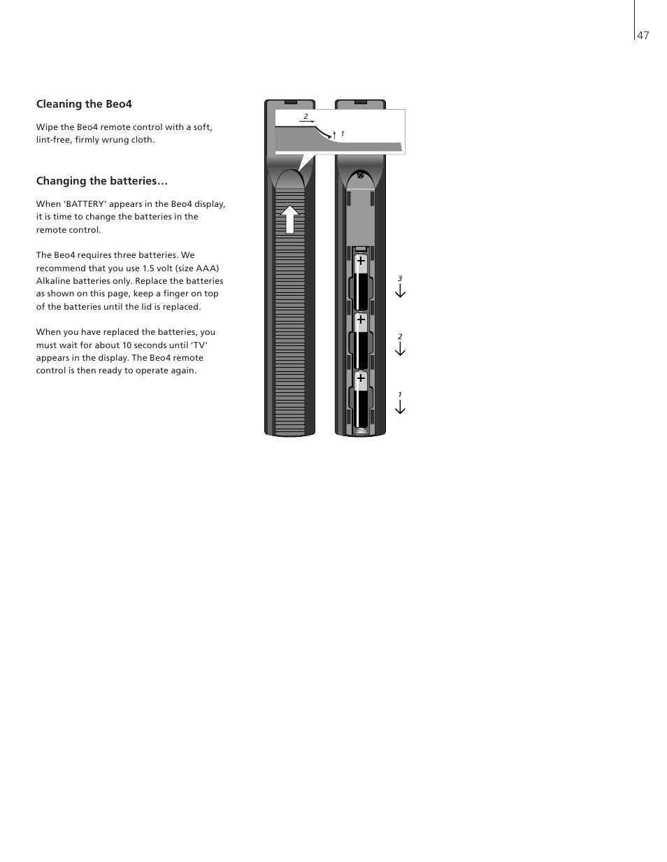 Cleaning the beo4, Changing the batteries | Bang & Olufsen BeoVision 3-32 - User Guide User Manual | Page 47 / 56