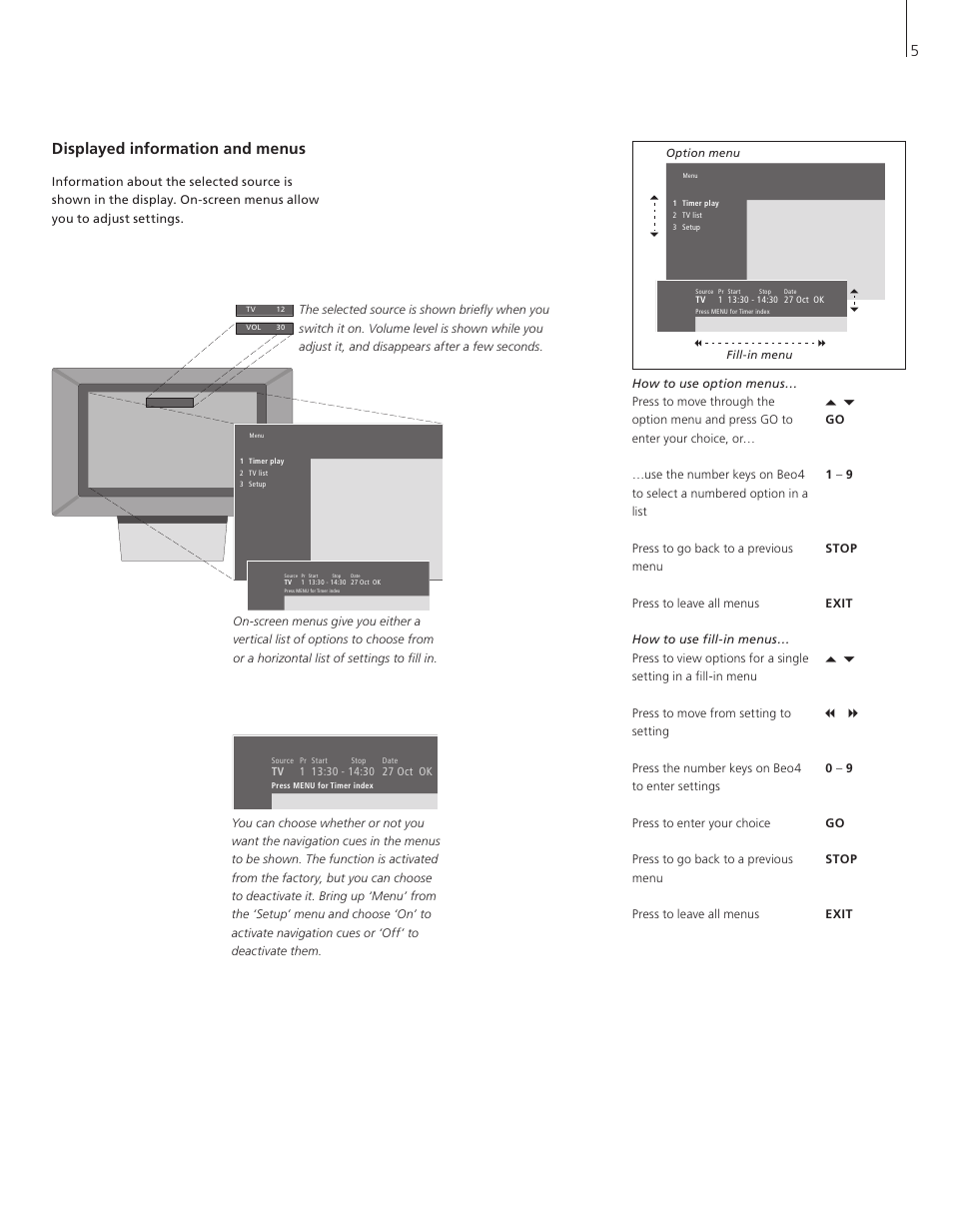 Displayed information and menus, 5displayed information and menus | Bang & Olufsen BeoVision 3-32 - User Guide User Manual | Page 5 / 56