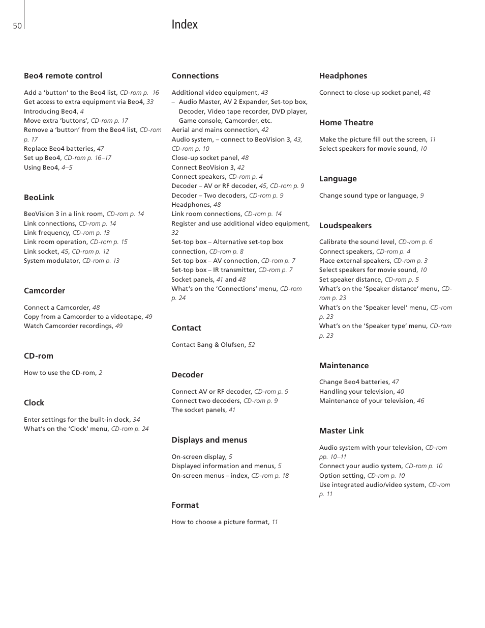 Index | Bang & Olufsen BeoVision 3-32 - User Guide User Manual | Page 50 / 56