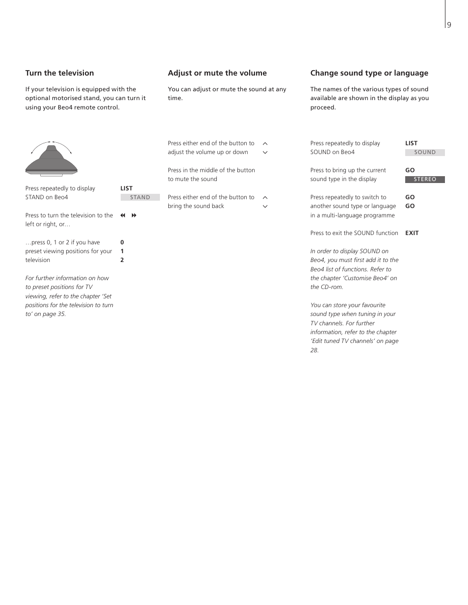 Turn the television, Adjust or mute the volume, Change sound type or language | Bang & Olufsen BeoVision 3-32 - User Guide User Manual | Page 9 / 56