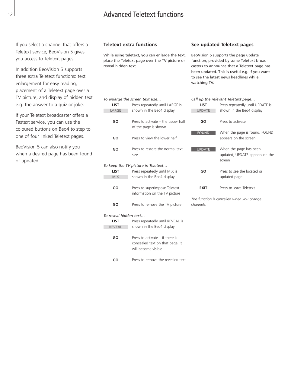 Advanced teletext functions, Teletext extra functions | Bang & Olufsen BeoVision 5 - User Guide User Manual | Page 12 / 47