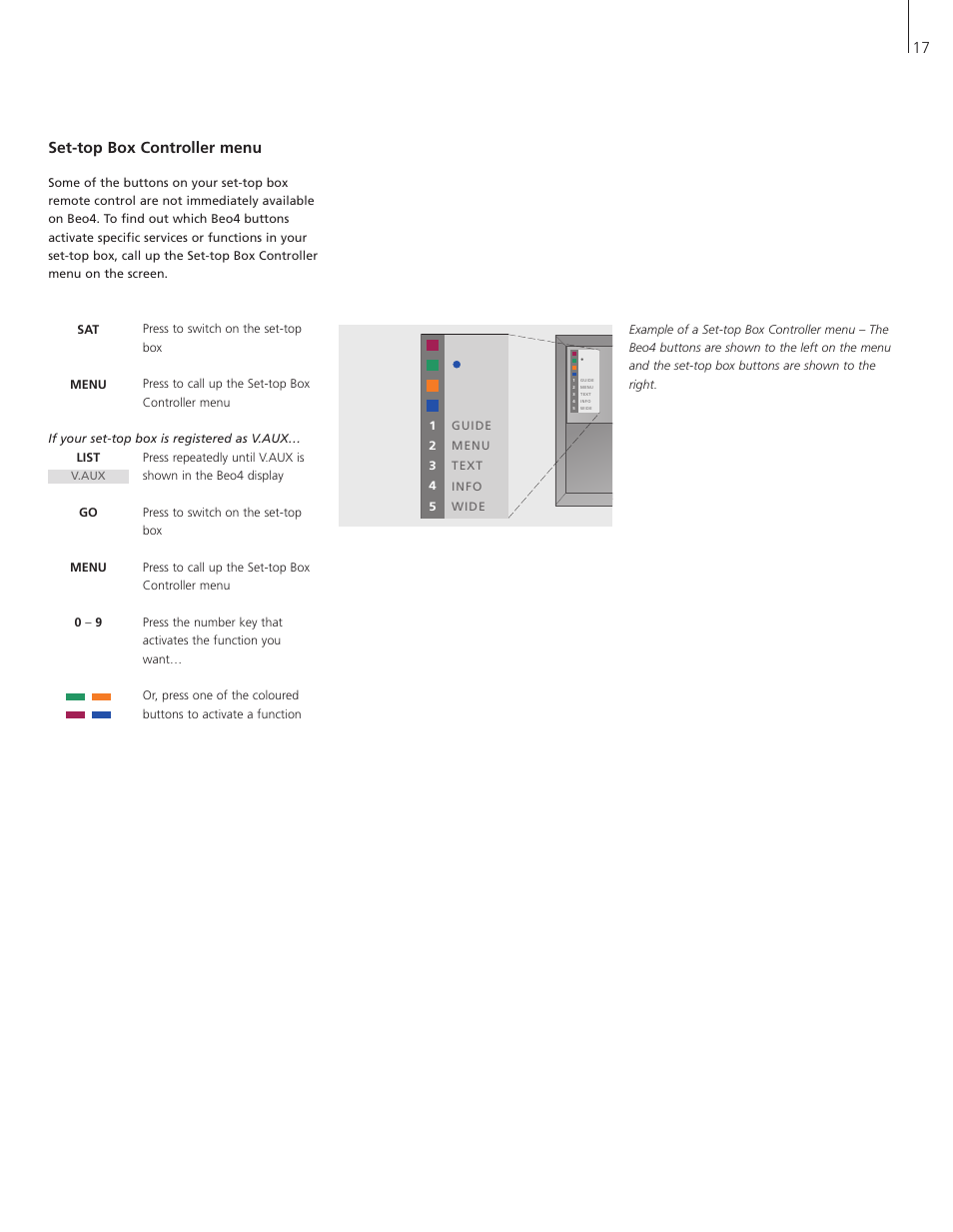 Set-top box controller menu, 17 set-top box controller menu | Bang & Olufsen BeoVision 5 - User Guide User Manual | Page 17 / 47