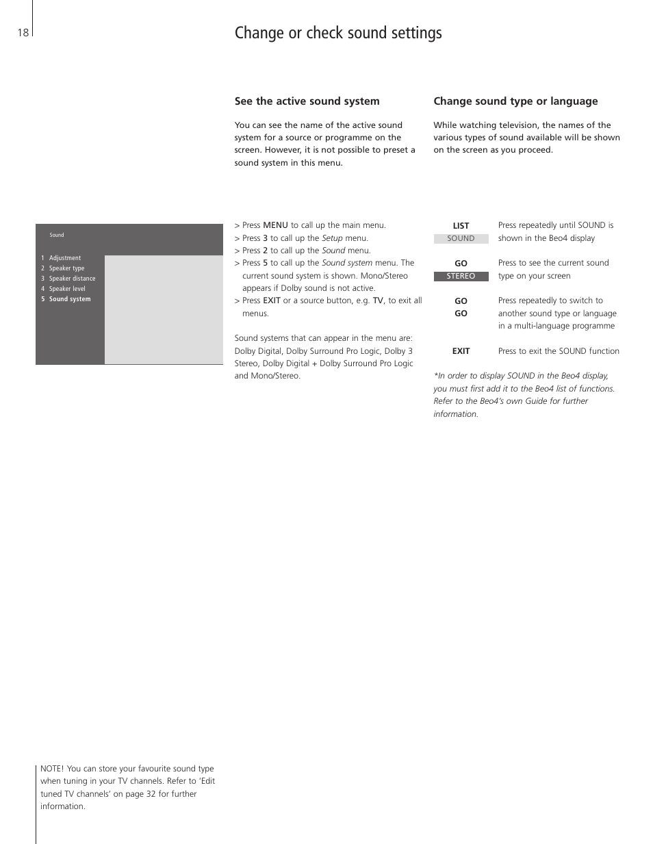 Change or check sound settings, See the active sound system, Change sound type or language | Bang & Olufsen BeoVision 5 - User Guide User Manual | Page 18 / 47