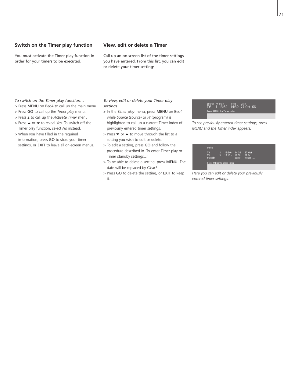 Switch on the timer play function, View, edit or delete a timer, 21 switch on the timer play function | Bang & Olufsen BeoVision 5 - User Guide User Manual | Page 21 / 47