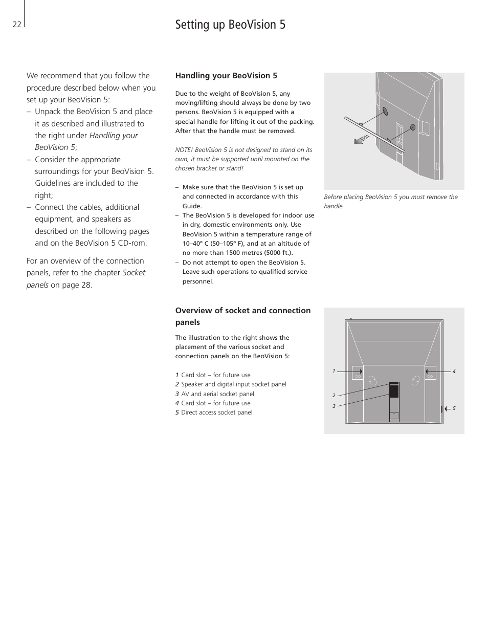 Setting up beovision 5, Handling your beovision 5, Overview of socket and connection panels | Bang & Olufsen BeoVision 5 - User Guide User Manual | Page 22 / 47