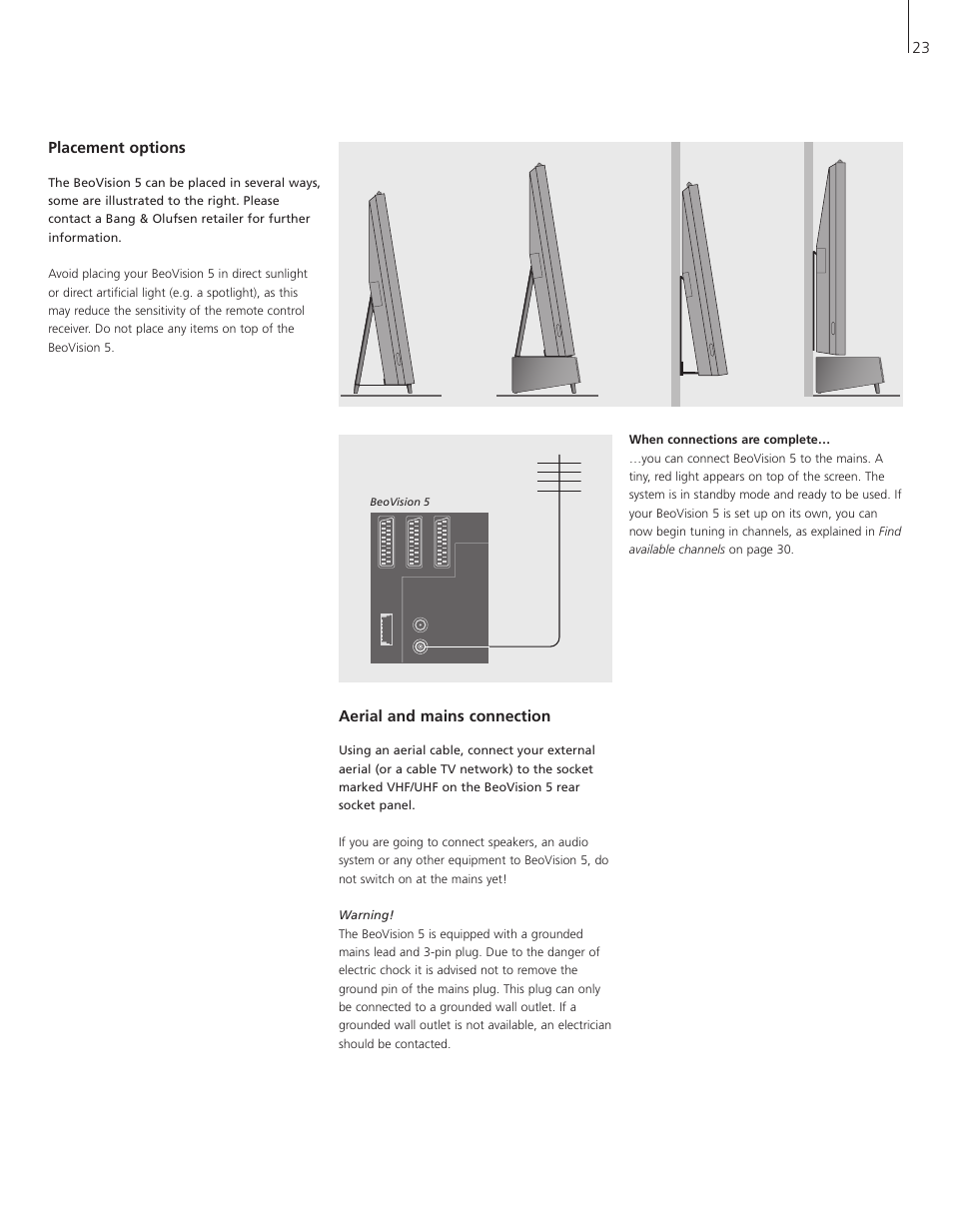 Placement options, Aerial and mains connection | Bang & Olufsen BeoVision 5 - User Guide User Manual | Page 23 / 47