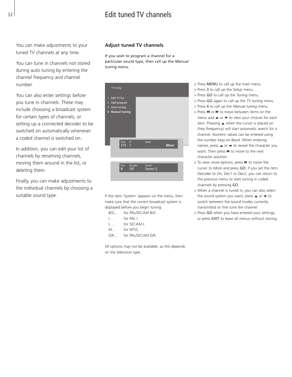 Edit tuned tv channels, Adjust tuned tv channels | Bang & Olufsen BeoVision 5 - User Guide User Manual | Page 32 / 47