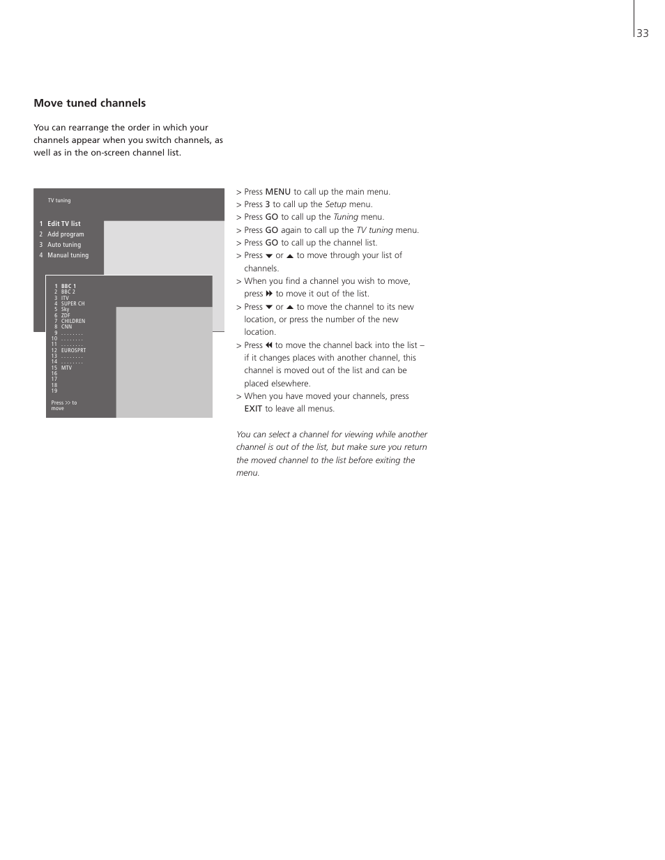 Move tuned channels, 33 move tuned channels | Bang & Olufsen BeoVision 5 - User Guide User Manual | Page 33 / 47