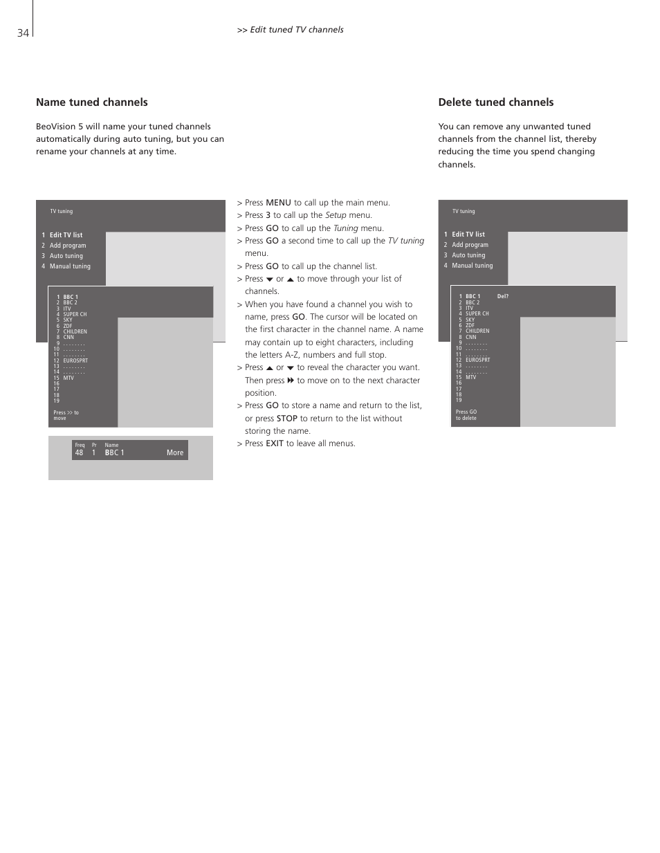 Name tuned channels, Delete tuned channels | Bang & Olufsen BeoVision 5 - User Guide User Manual | Page 34 / 47