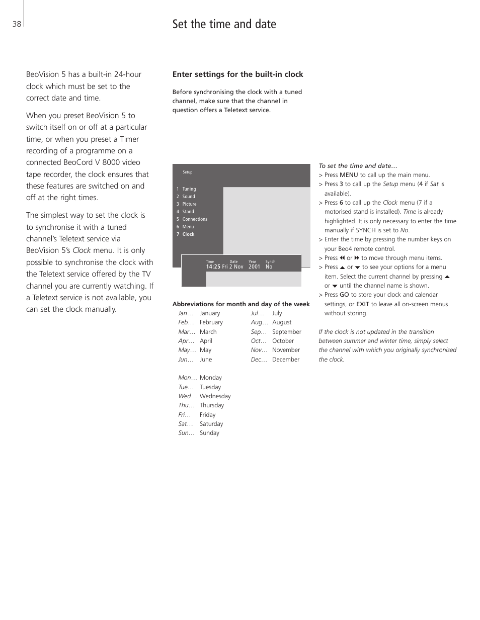 Set the time and date, Enter settings for the built-in clock | Bang & Olufsen BeoVision 5 - User Guide User Manual | Page 38 / 47