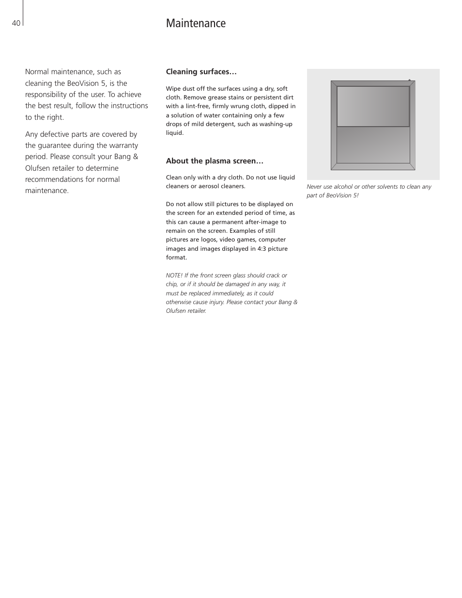 Maintenance, Cleaning surfaces, About the plasma screen | Bang & Olufsen BeoVision 5 - User Guide User Manual | Page 40 / 47