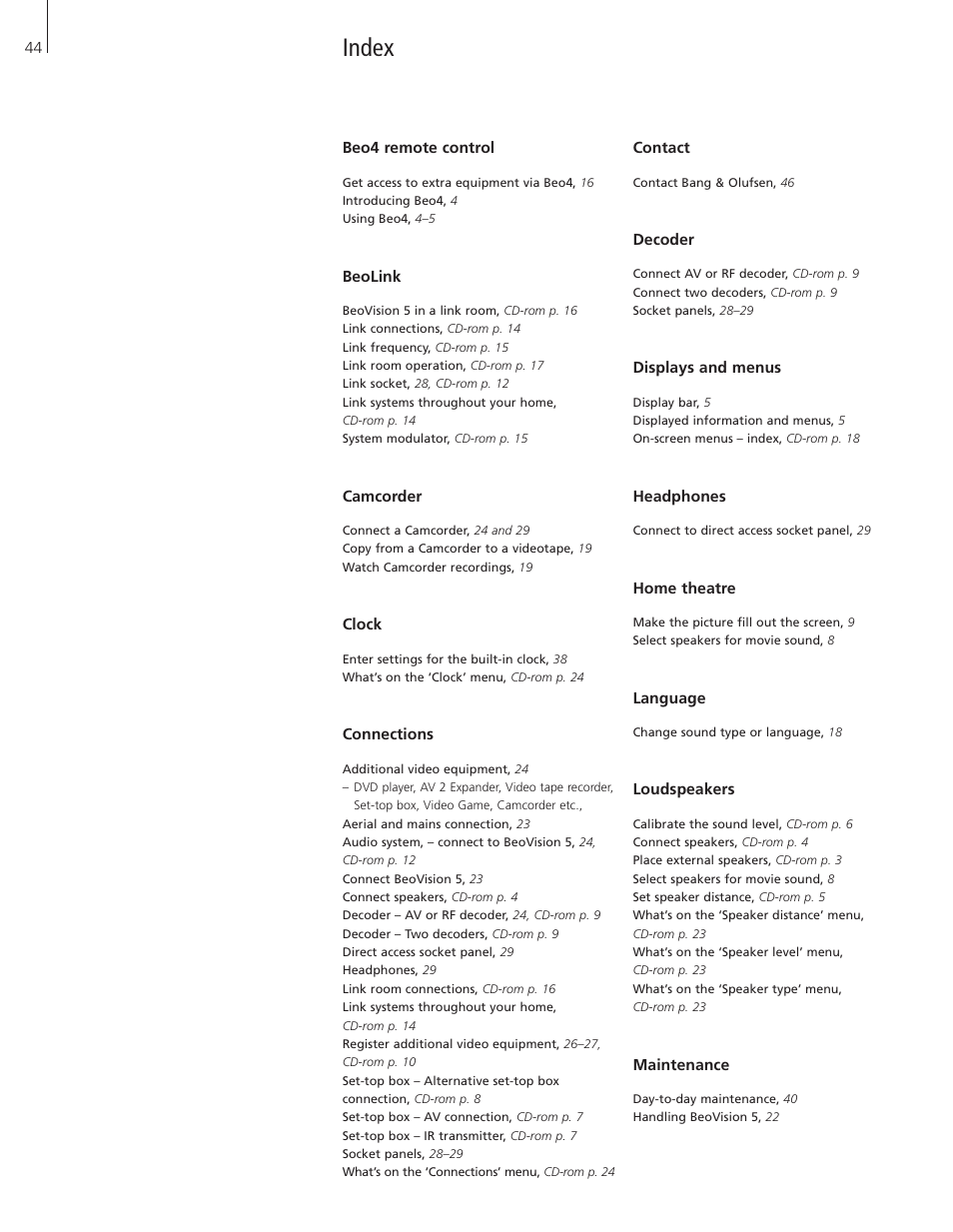 Index, Beo4 remote control, Beolink | Camcorder, Clock, Connections, Contact, Decoder, Displays and menus, Headphones | Bang & Olufsen BeoVision 5 - User Guide User Manual | Page 44 / 47