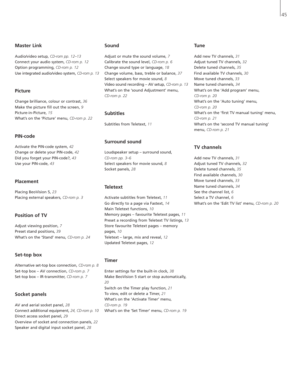 Master link, Picture, Pin-code | Placement, Position of tv, Set-top box, Socket panels, Sound, Subtitles, Surround sound | Bang & Olufsen BeoVision 5 - User Guide User Manual | Page 45 / 47