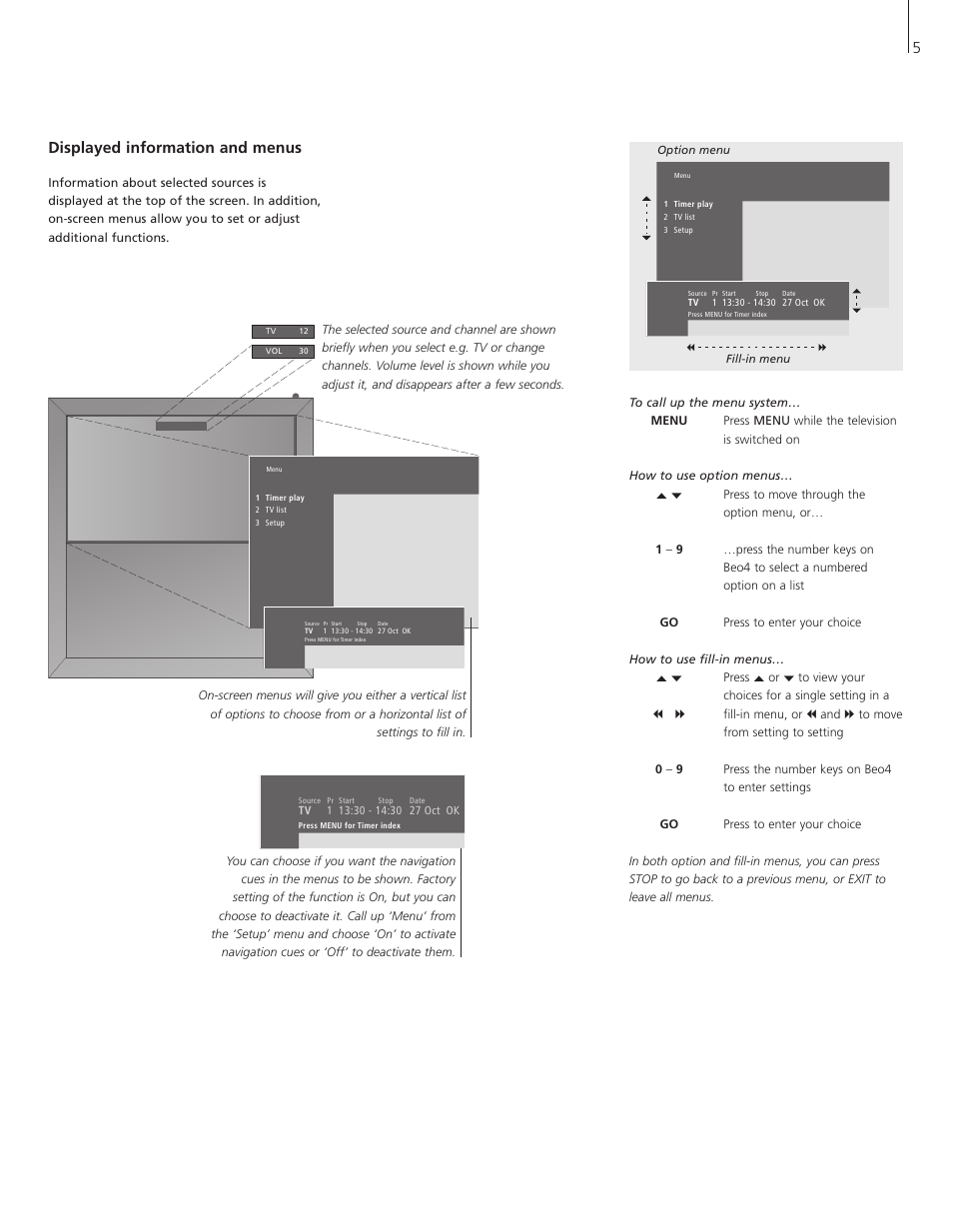 Displayed information and menus, 5displayed information and menus | Bang & Olufsen BeoVision 5 - User Guide User Manual | Page 5 / 47