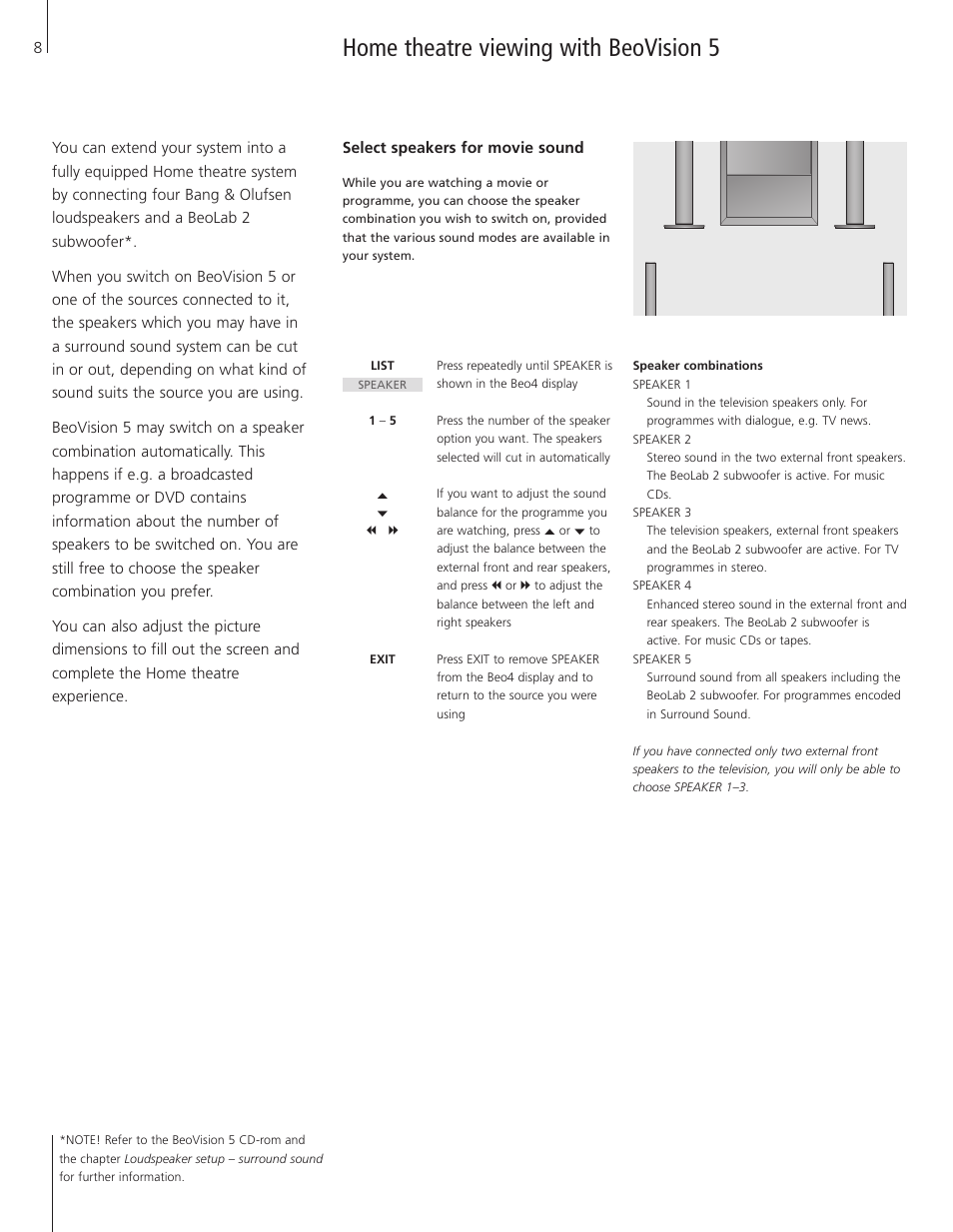 Home theatre viewing with beovision 5, Select speakers for movie sound | Bang & Olufsen BeoVision 5 - User Guide User Manual | Page 8 / 47