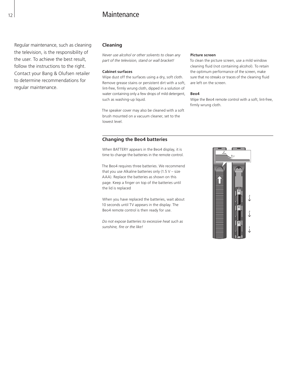 Maintenance, Cleaning | Bang & Olufsen BeoVision 8-26/32 - User Guide User Manual | Page 12 / 16