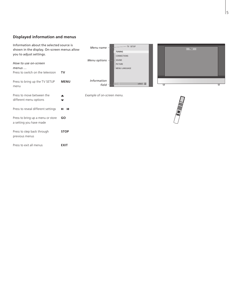 Displayed information and menus, 5displayed information and menus | Bang & Olufsen BeoVision 8-26/32 - User Guide User Manual | Page 5 / 16
