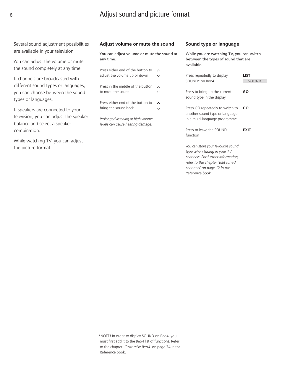 Adjust sound and picture format, Adjust volume or mute the sound, Sound type or language | Bang & Olufsen BeoVision 8-26/32 - User Guide User Manual | Page 8 / 16