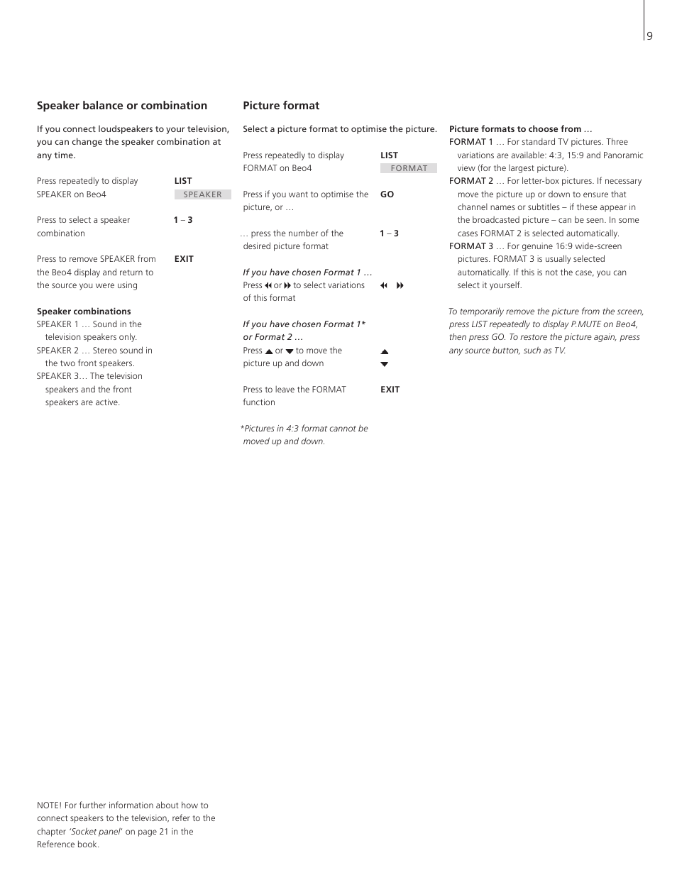 Speaker balance or combination, Picture format | Bang & Olufsen BeoVision 8-26/32 - User Guide User Manual | Page 9 / 16