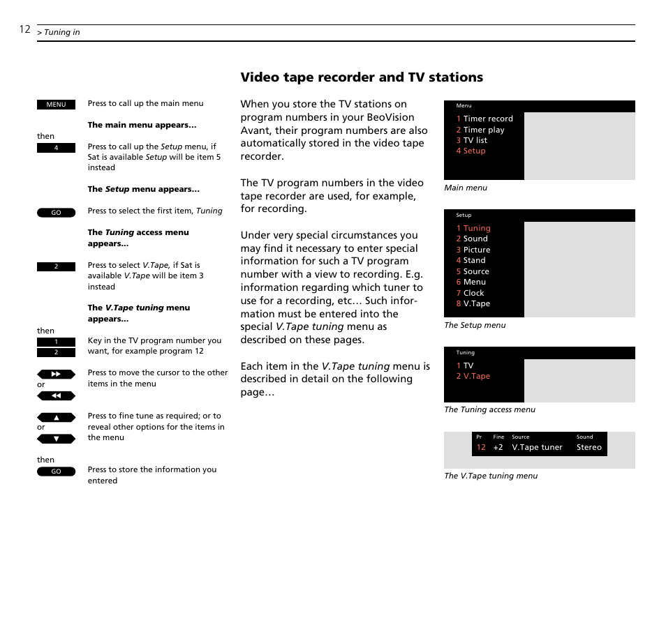 Video tape recorder and tv stations | Bang & Olufsen BeoVision Avant (1995-2005) - User Guide User Manual | Page 12 / 72