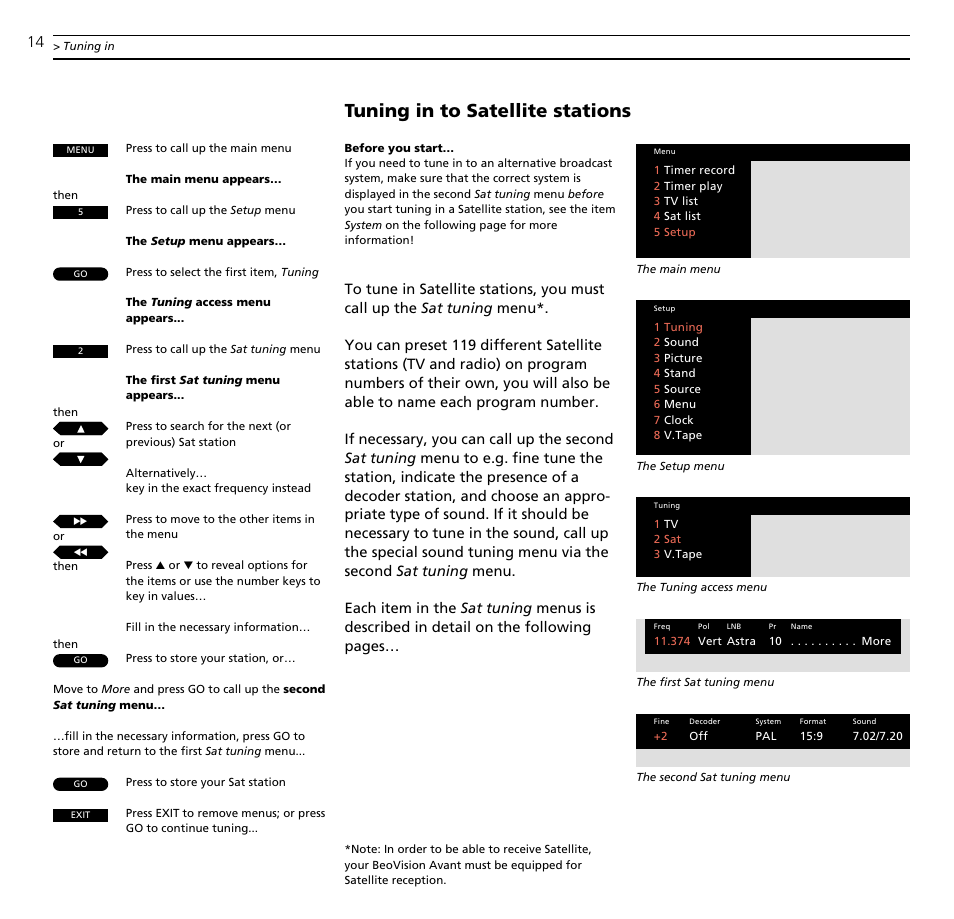 Tuning in to satellite stations | Bang & Olufsen BeoVision Avant (1995-2005) - User Guide User Manual | Page 14 / 72