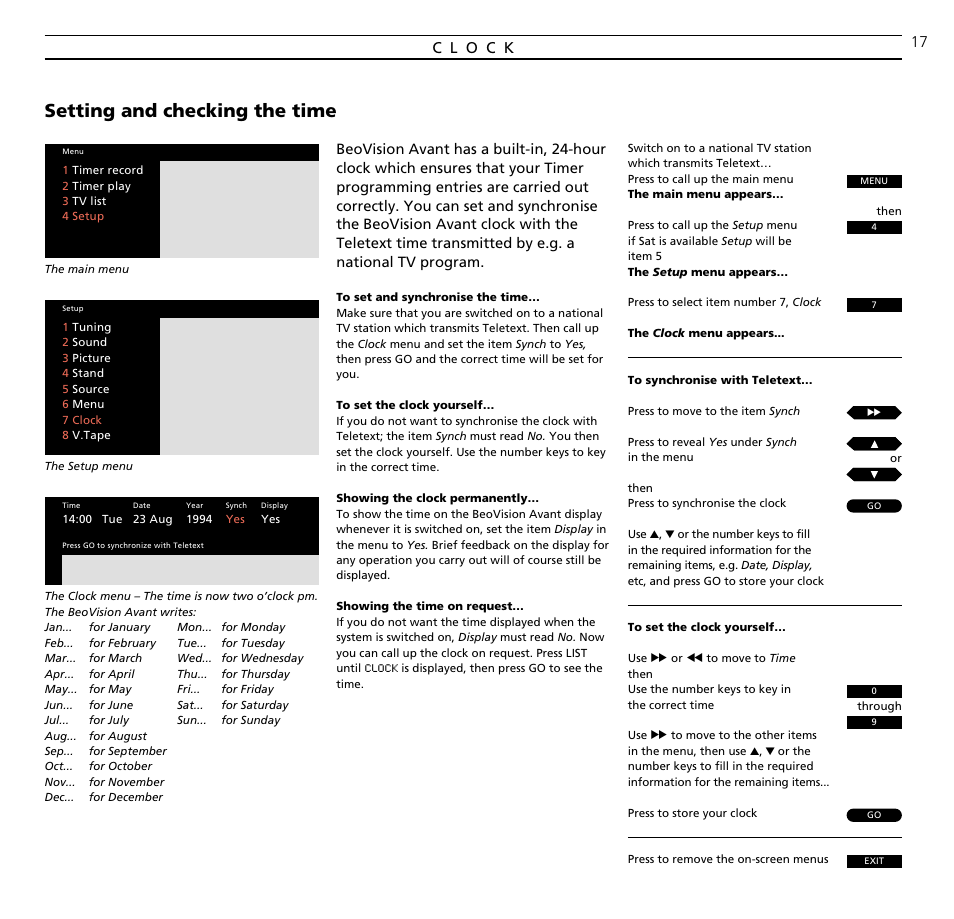 Setting and checking the time | Bang & Olufsen BeoVision Avant (1995-2005) - User Guide User Manual | Page 17 / 72