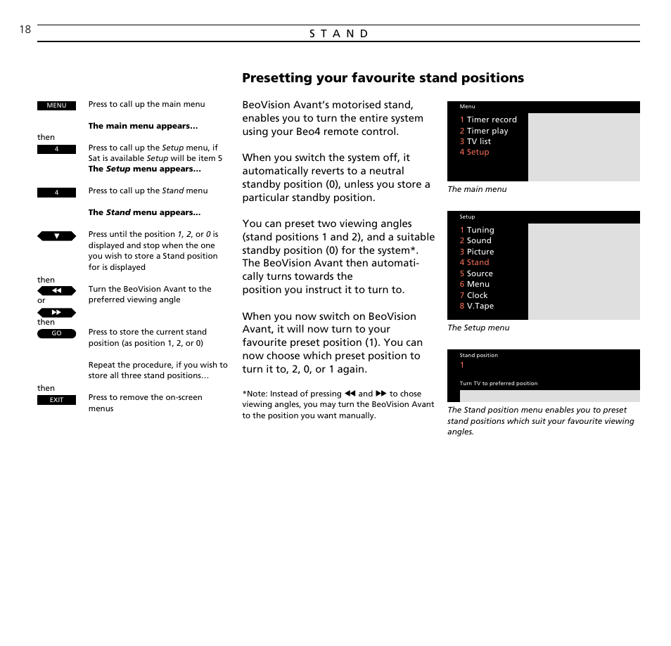 Presetting your favourite stand positions | Bang & Olufsen BeoVision Avant (1995-2005) - User Guide User Manual | Page 18 / 72