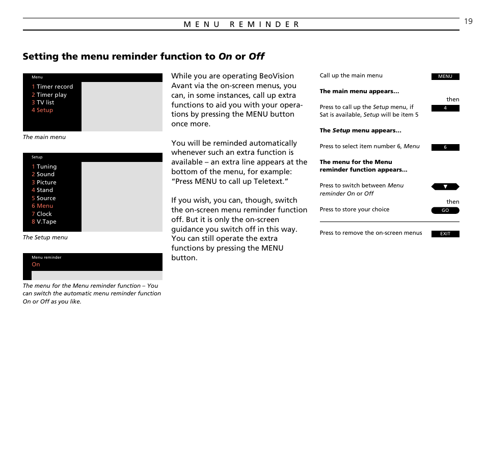 Setting the menu reminder function to on or off | Bang & Olufsen BeoVision Avant (1995-2005) - User Guide User Manual | Page 19 / 72