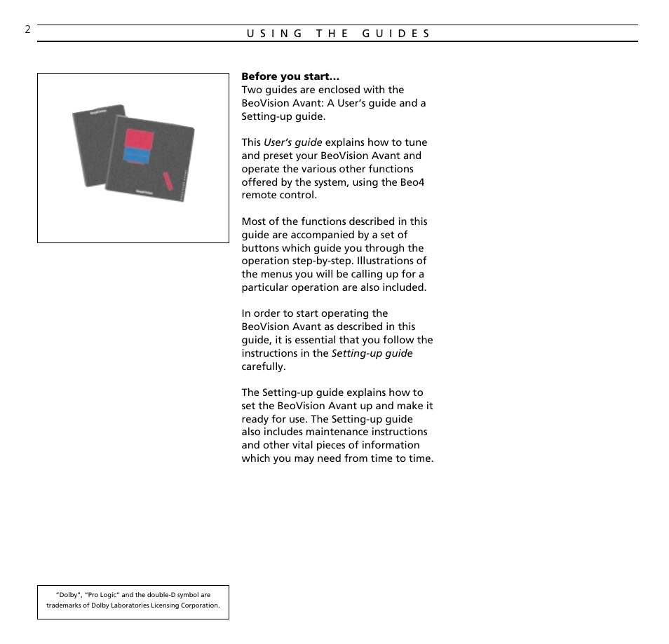 Before you start | Bang & Olufsen BeoVision Avant (1995-2005) - User Guide User Manual | Page 2 / 72