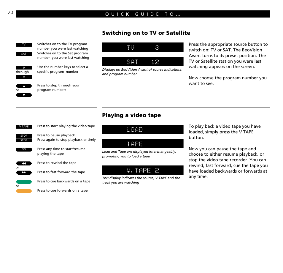 Quick guide to daily operations, Switching on to tv or satellite, Playing a video tape | Bang & Olufsen BeoVision Avant (1995-2005) - User Guide User Manual | Page 20 / 72