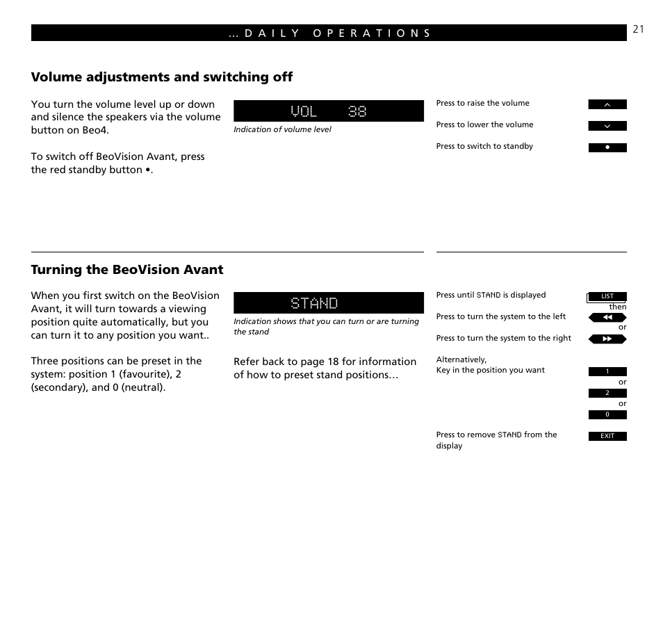 Turning the beovision avant, Volume adjustments and switching off | Bang & Olufsen BeoVision Avant (1995-2005) - User Guide User Manual | Page 21 / 72