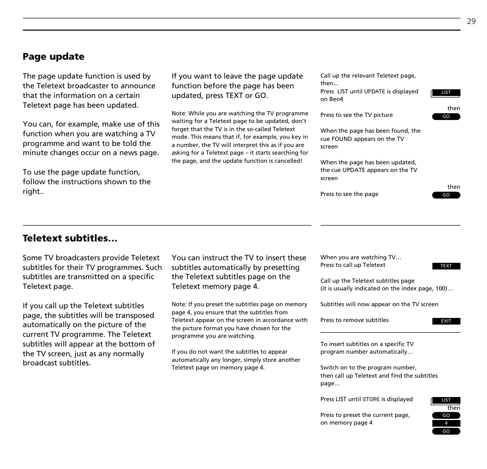 Page update, Teletext subtitles | Bang & Olufsen BeoVision Avant (1995-2005) - User Guide User Manual | Page 29 / 72