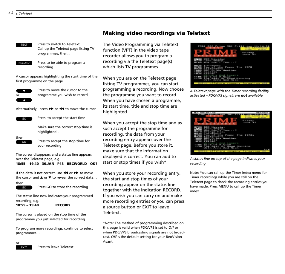 Making video recordings via teletext | Bang & Olufsen BeoVision Avant (1995-2005) - User Guide User Manual | Page 30 / 72