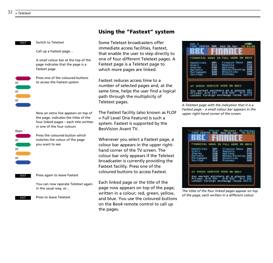 Using the “fastext” system | Bang & Olufsen BeoVision Avant (1995-2005) - User Guide User Manual | Page 32 / 72