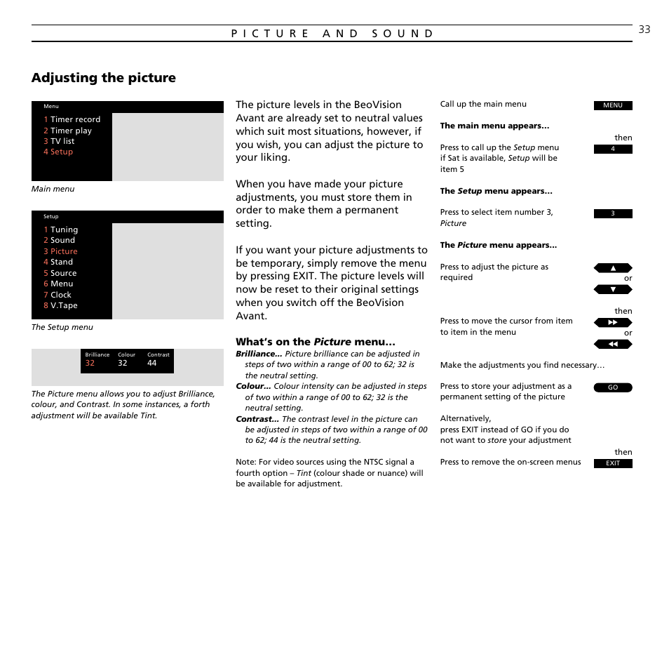 Adjusting the picture | Bang & Olufsen BeoVision Avant (1995-2005) - User Guide User Manual | Page 33 / 72