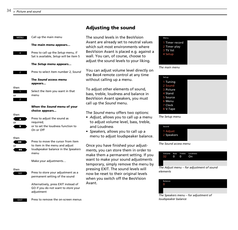 Adjusting the sound | Bang & Olufsen BeoVision Avant (1995-2005) - User Guide User Manual | Page 34 / 72