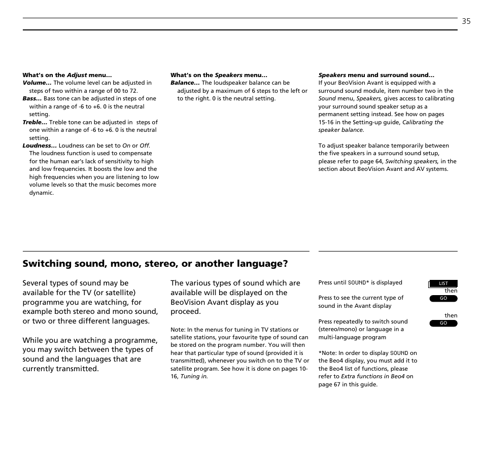 Switching sound, mono, stereo, or another language | Bang & Olufsen BeoVision Avant (1995-2005) - User Guide User Manual | Page 35 / 72