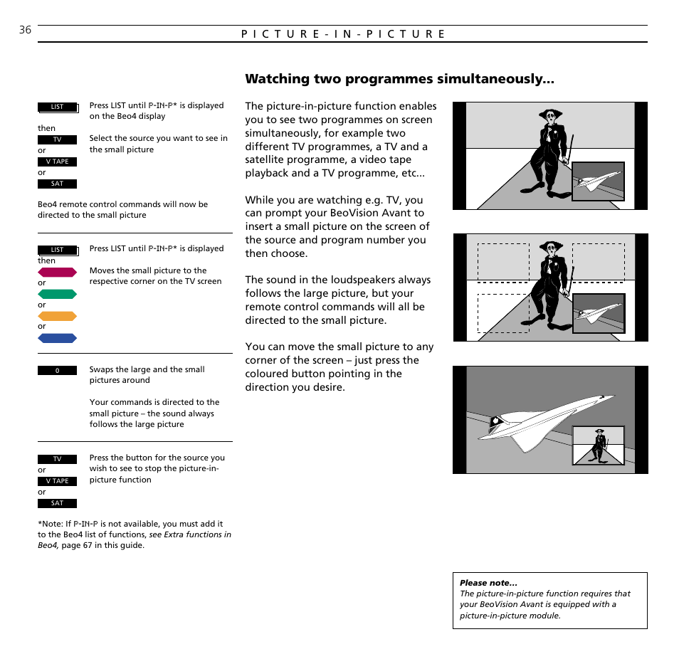 Watching two programmes simultaneously | Bang & Olufsen BeoVision Avant (1995-2005) - User Guide User Manual | Page 36 / 72