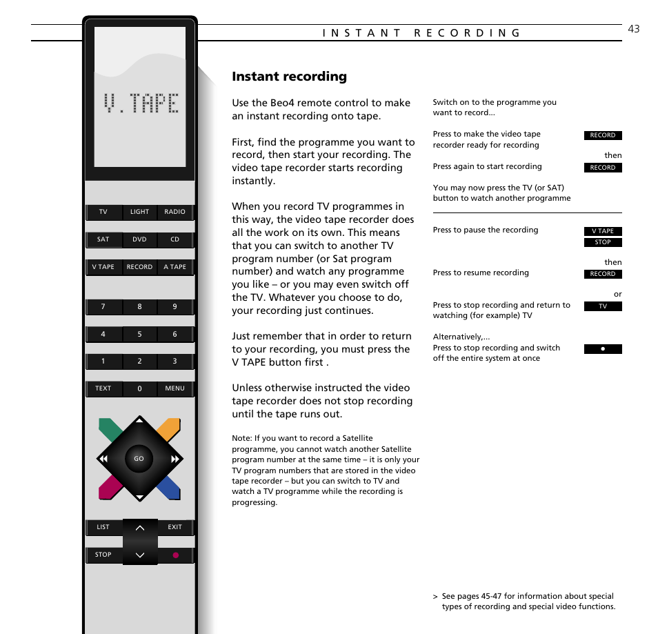 Instant recording | Bang & Olufsen BeoVision Avant (1995-2005) - User Guide User Manual | Page 43 / 72