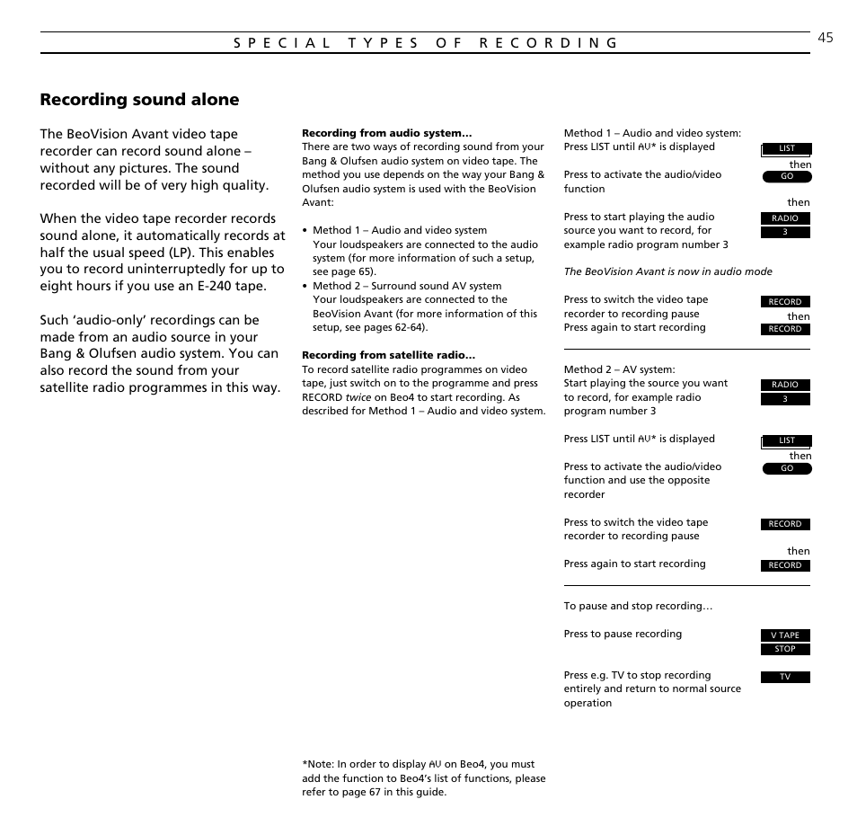 Recording sound alone | Bang & Olufsen BeoVision Avant (1995-2005) - User Guide User Manual | Page 45 / 72